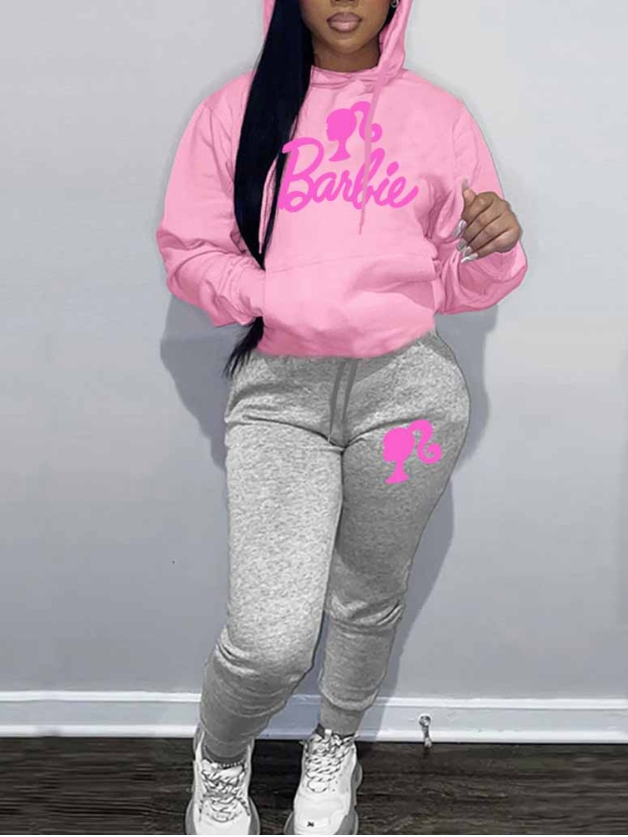 LW Plus Size Letter Print Kangaroo Pocket Tracksuit Set