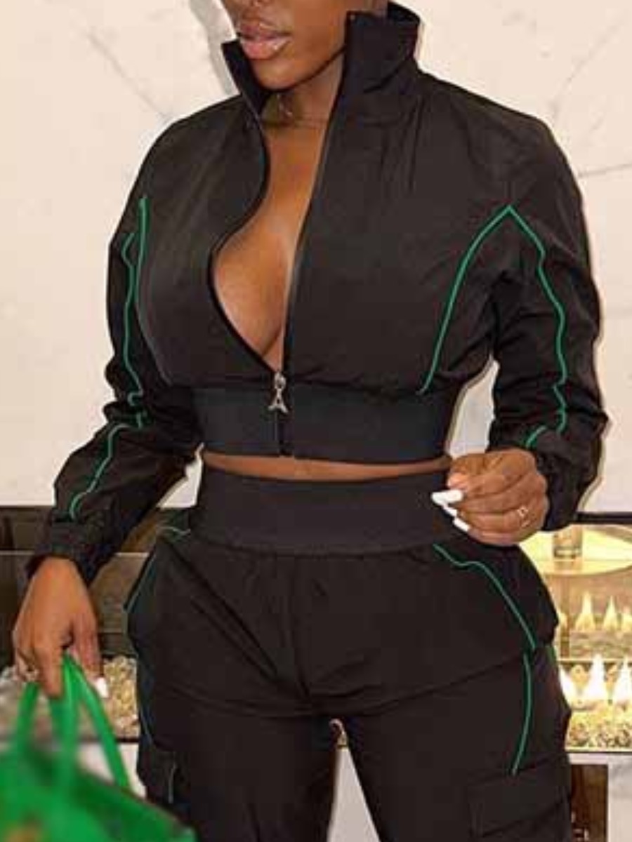 LovelyWholesale Striped Zipper Design Jacket Fall Nine Points Sleeve Street Mandarin Collar Spring Summer 2024