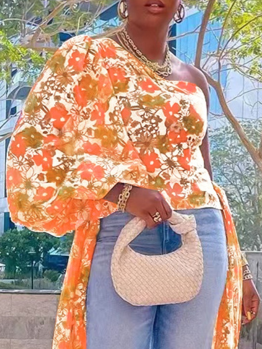 LW Plus Size One Shoulder Floral Print Asymmetrical Blouse