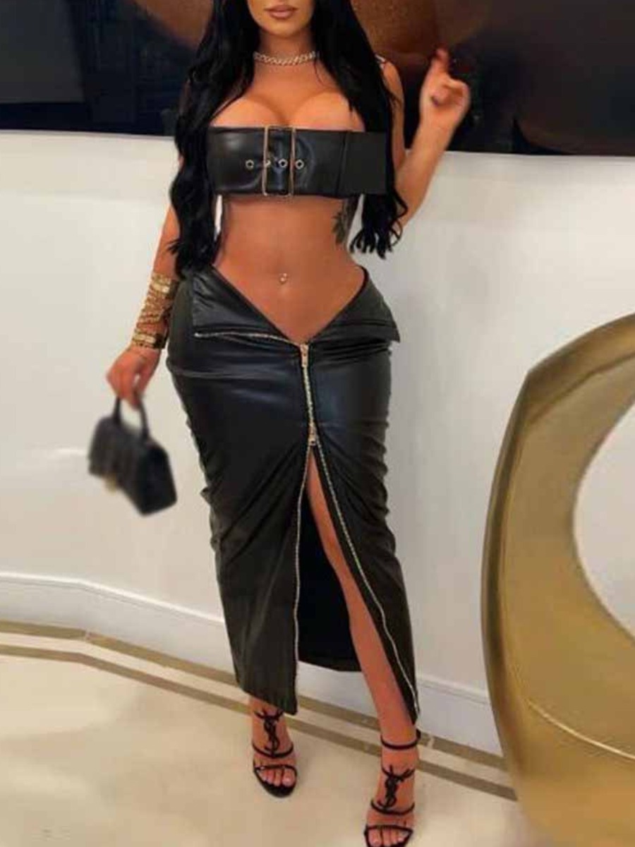 LovelyWholesale SXY Plus Size Faux Leather Belt Zipper Design Skirt Set Summer Sleeveless Sxy Strapless  3X Spring Summer 2024