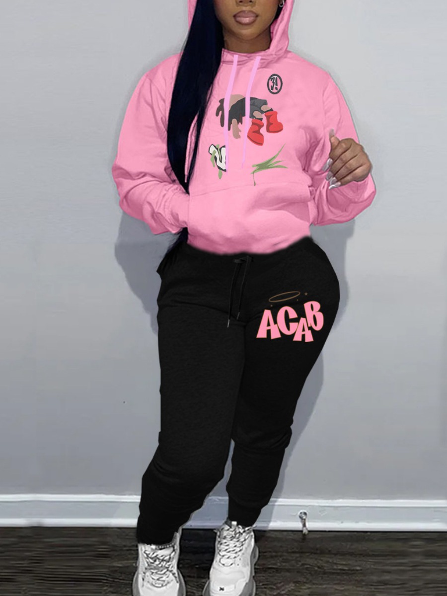 LW Cartoon Letter Print Kangaroo Pocket Tracksuit 