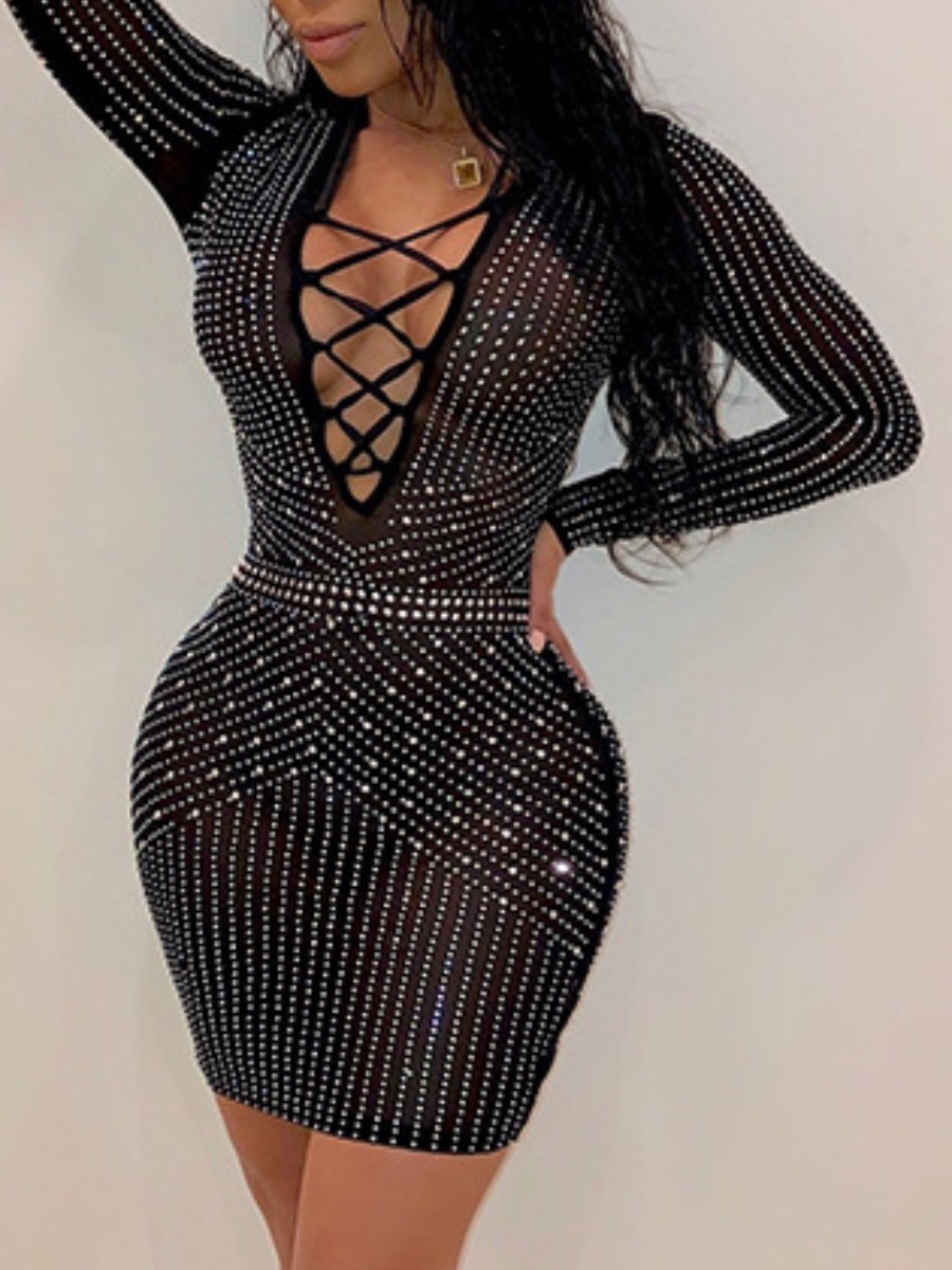 LW SXY See Through Rhinestone Bodycon Dress