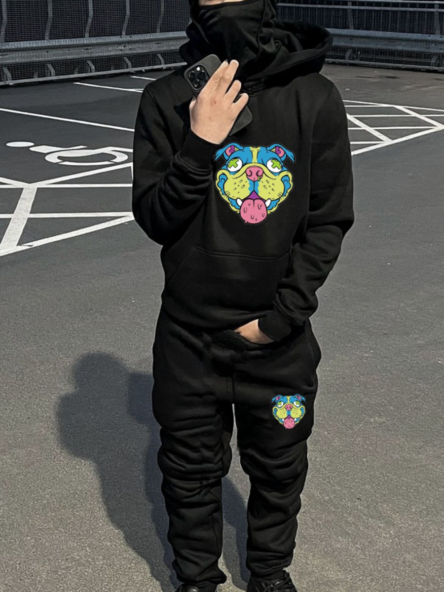 LW Men Cartoon Print Kangaroo Pocket Tracksuit Set