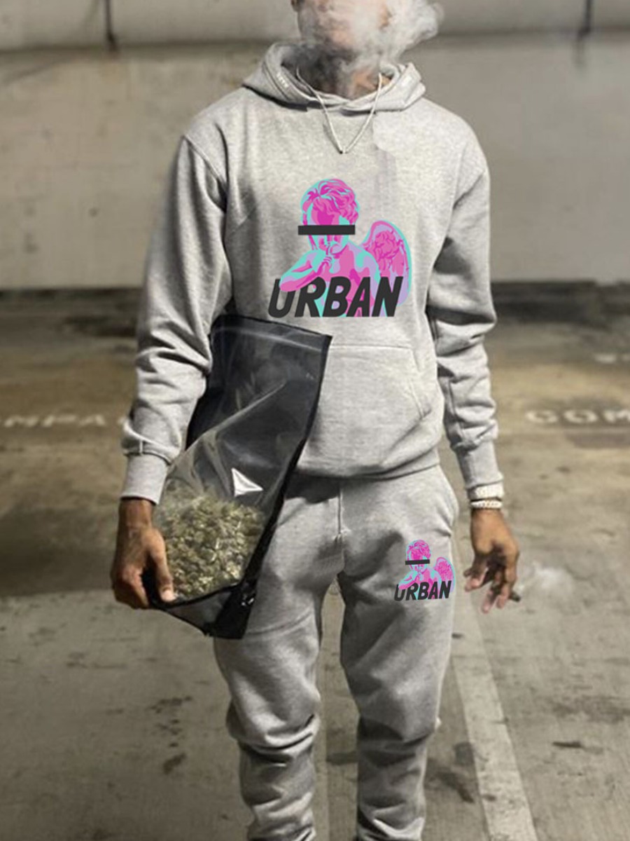LW Men Figure Letter Print Kangaroo Pocket Tracksu