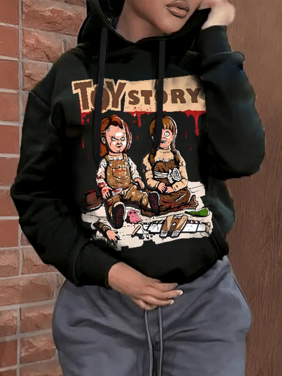 LW Cartoon Letter Print Kangaroo Pocket Hoodie