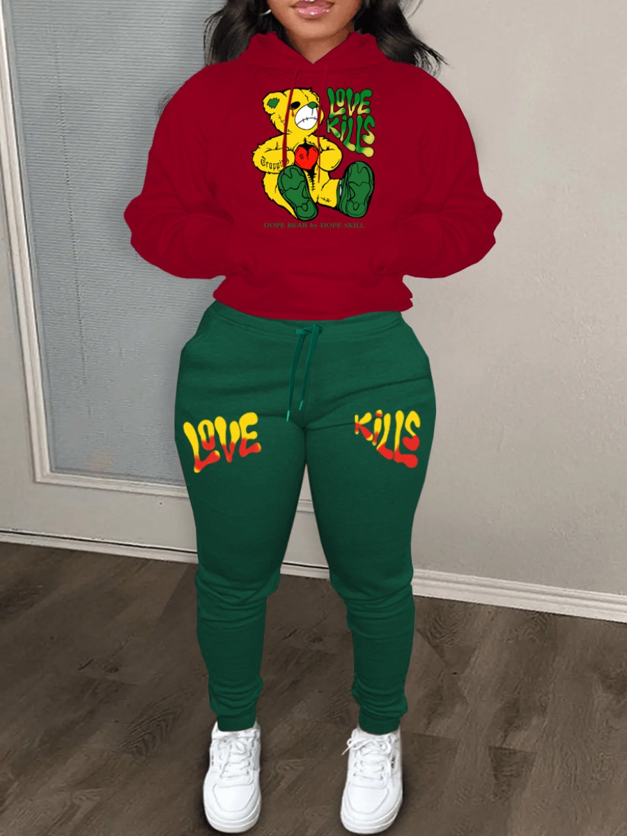 LW Plus Size Teddy Bear Letter Print Kangaroo Pocket Tracksuit Set