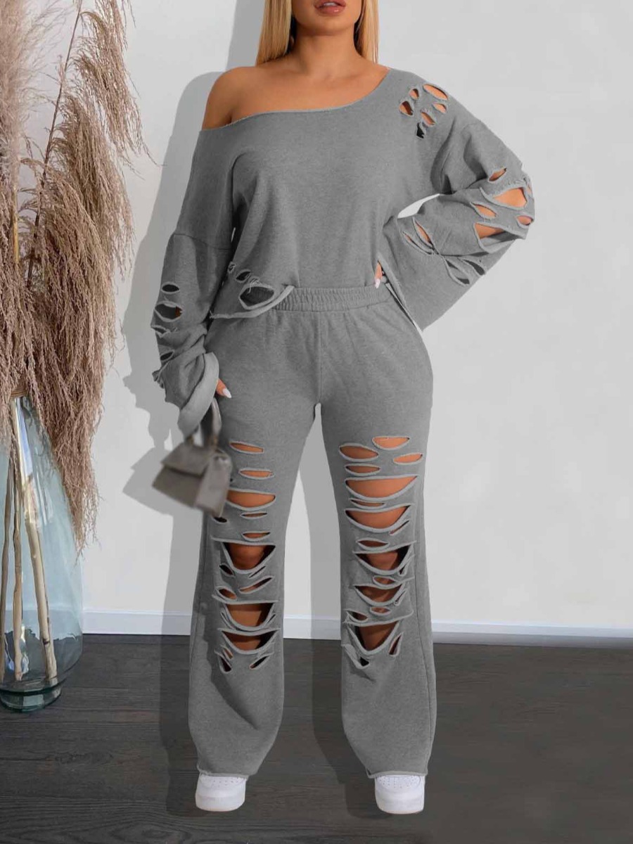 LW One Shoulder Ripped Loose Pants Set