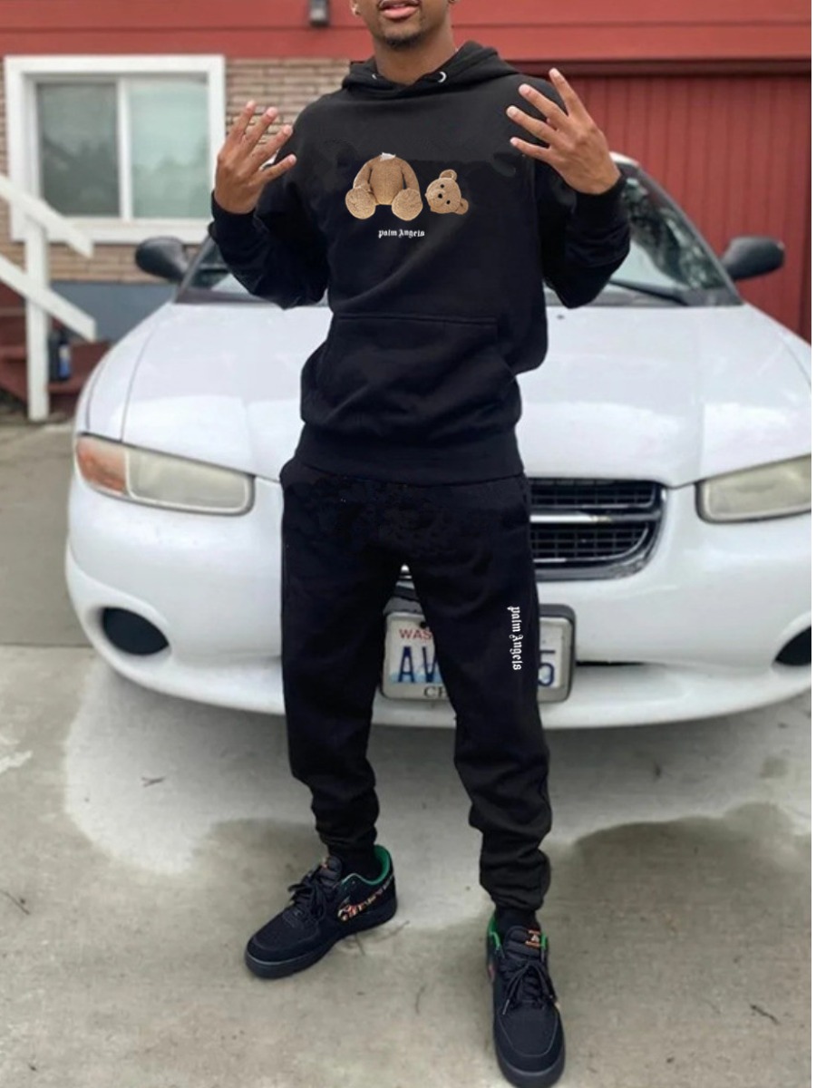 LovelyWholesale Men Cartoon Letter Print Kangaroo Pocket Tracksuit Set Fall Long Sleeve Casual Hooded Collar Spring Summer 2024