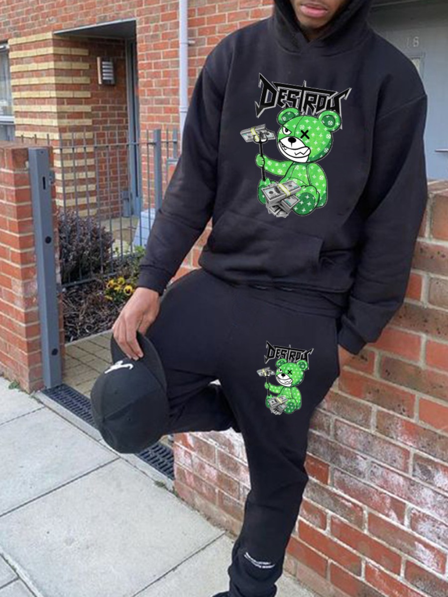 LovelyWholesale Men Cartoon Letter Print Kangaroo Pocket Tracksuit Set Fall Long Sleeve Casual Hooded Collar Spring Summer 2024