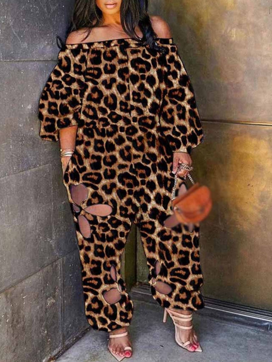 LW Plus Size Off The Shoulder Leopard Print Cut Out Jumpsuit