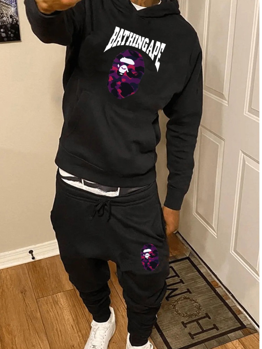 LW Men Cartoon Letter Print Kangaroo Pocket Tracksuit Set