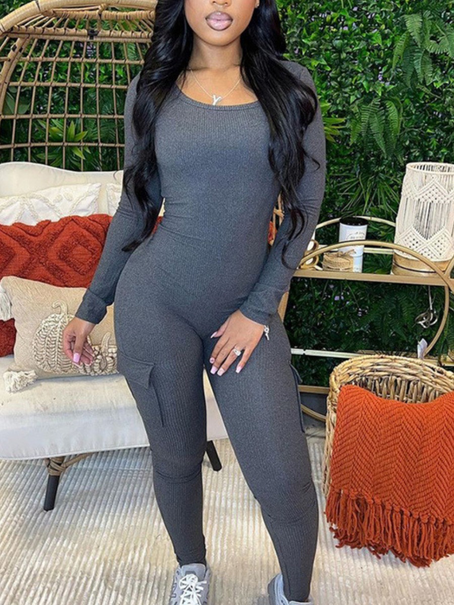 LovelyWholesale BASICS Round Neck Side Pocket Skinny Jumpsuit Fall Long Sleeve Casual Solid Color Round Neck Spring Summer 2024