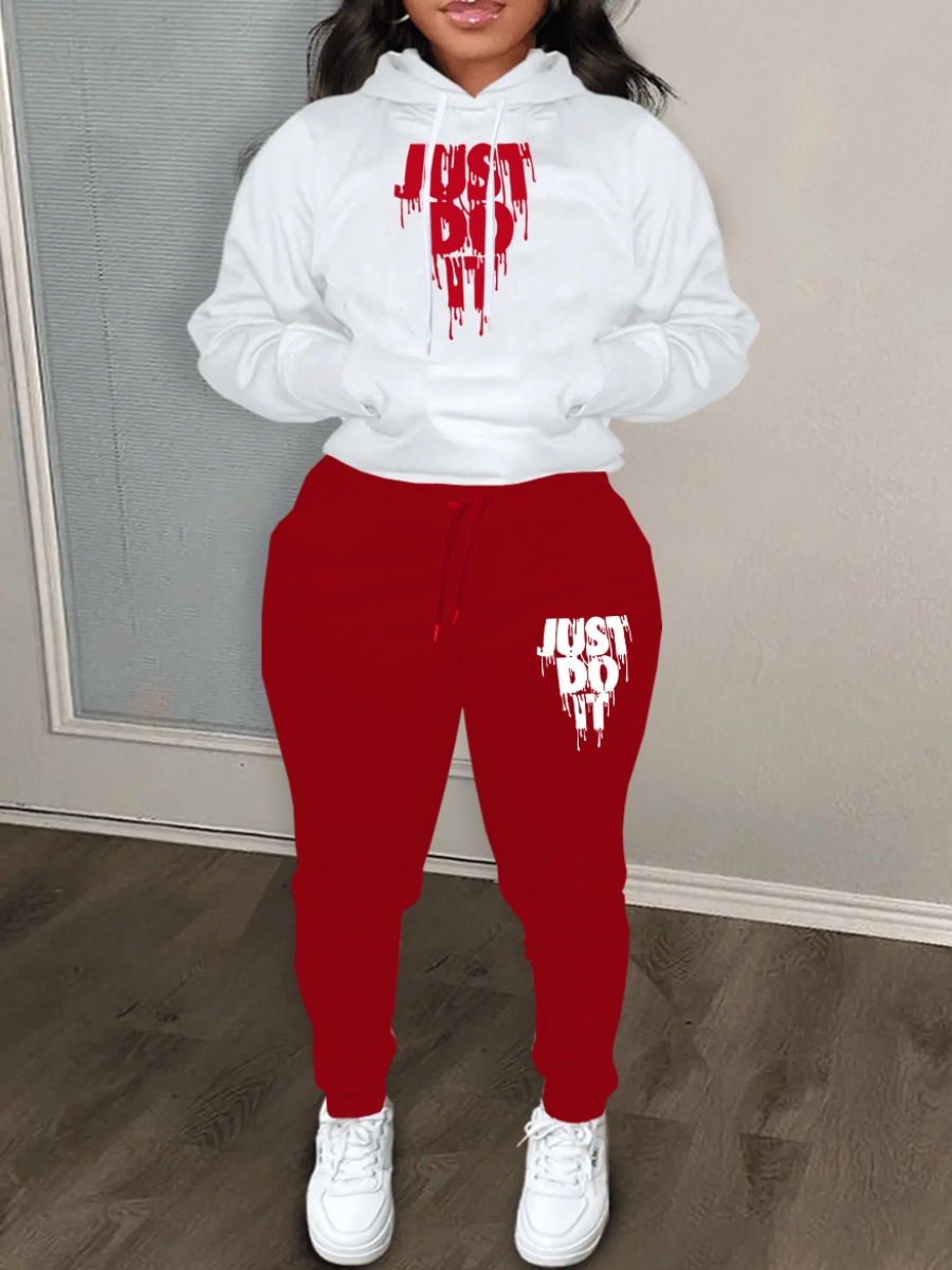 LW Plus Size Just Do It Letter Print Kangaroo Pocket Tracksuit Set