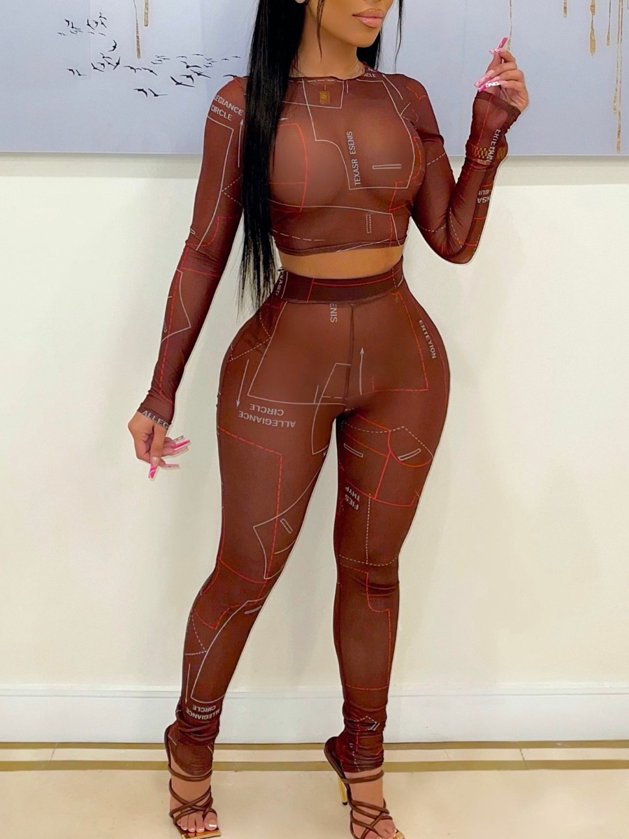 LovelyWholesale Crop Top Letter Print See Through Skinny Pants Set Fall Long Sleeve Casual Round Neck Spring Summer 2024