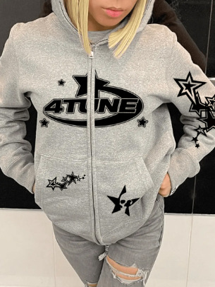 LW Star Letter Print Kangaroo Pocket Jacket