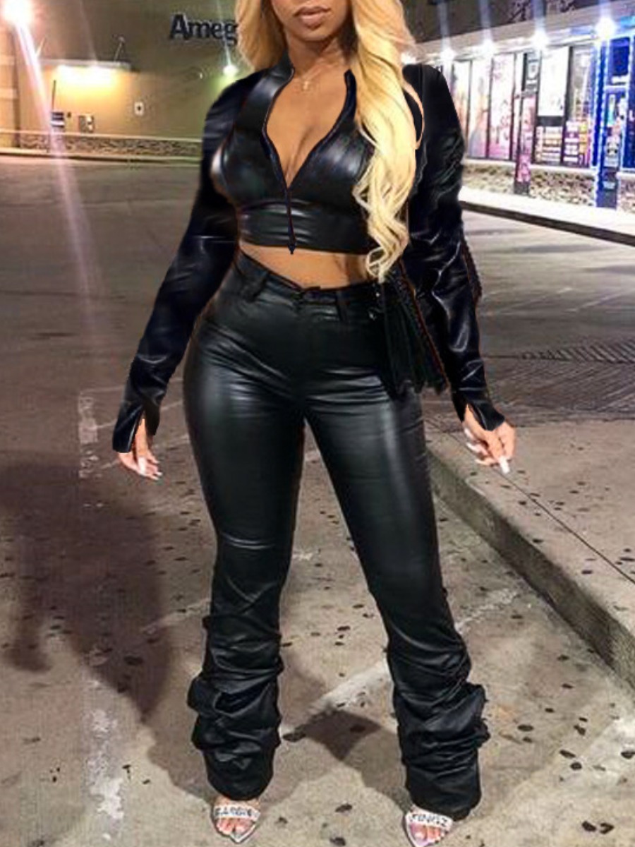 LW Plus Size Faux Leather Crop Top Stacked Pants S