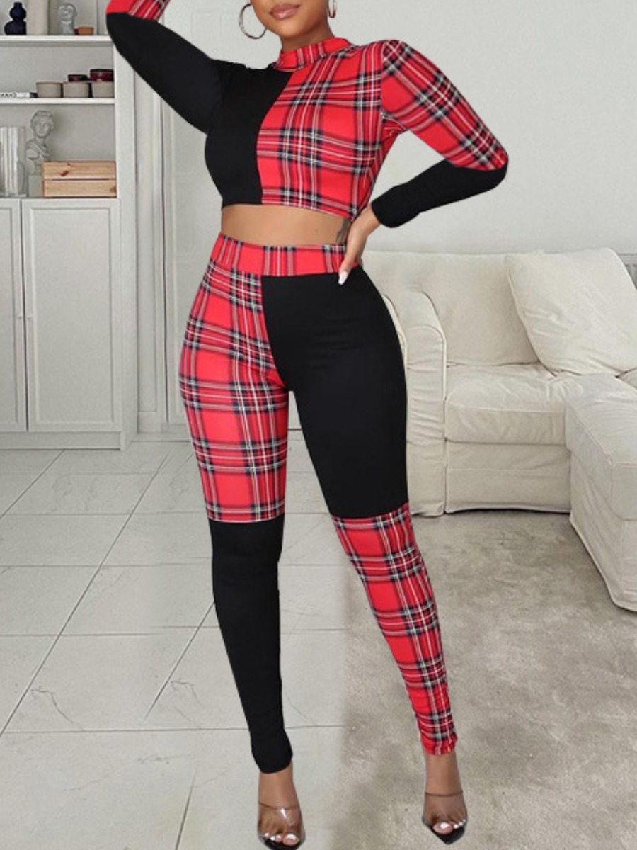 LW Crop Top Plaid Print Skinny Pants Set