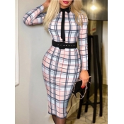 LW Plus Size Plaid Print Belt Design Bodycon Dress