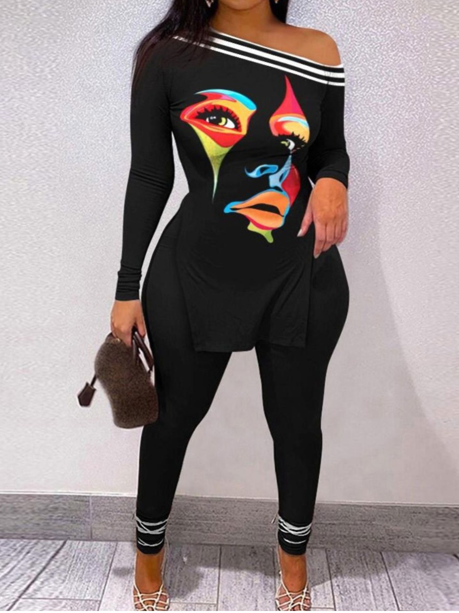 LW Plus Size Figure Print Striped Split Pants Set