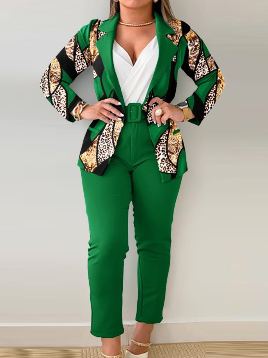 LovelyWholesale Plus Size Leopard Print Belt Design Blazer Pants Set Fall Long Sleeve Business Pattern Lapel Neck  3X Spring Summer 2024