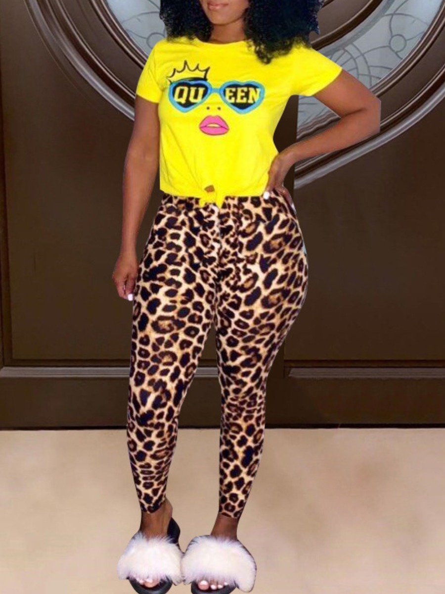 LovelyWholesale SXY Crown Queen Leopard Print Pants Set Spring Short Sleeve Sxy Pattern Round Neck Spring Summer 2024