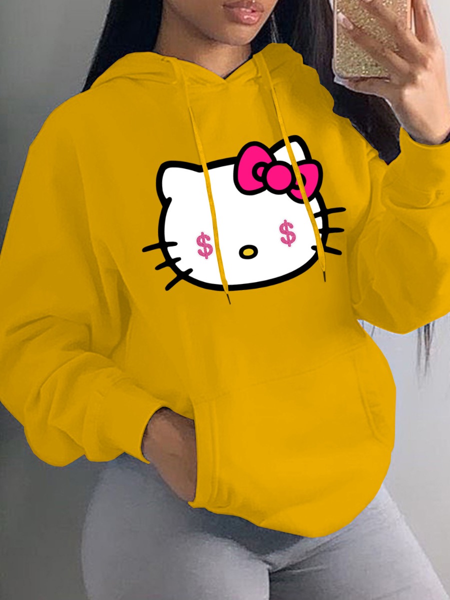 LW Plus Size Cartoon Print Kangaroo Pocket Hoodie