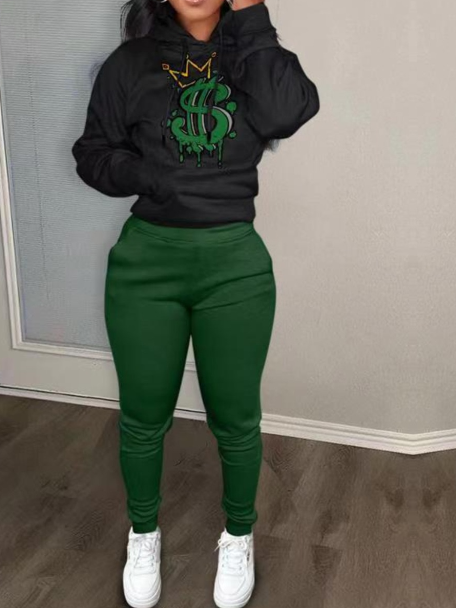 LW Plus Size Crown Letter Print Kangaroo Pocket Tracksuit Set