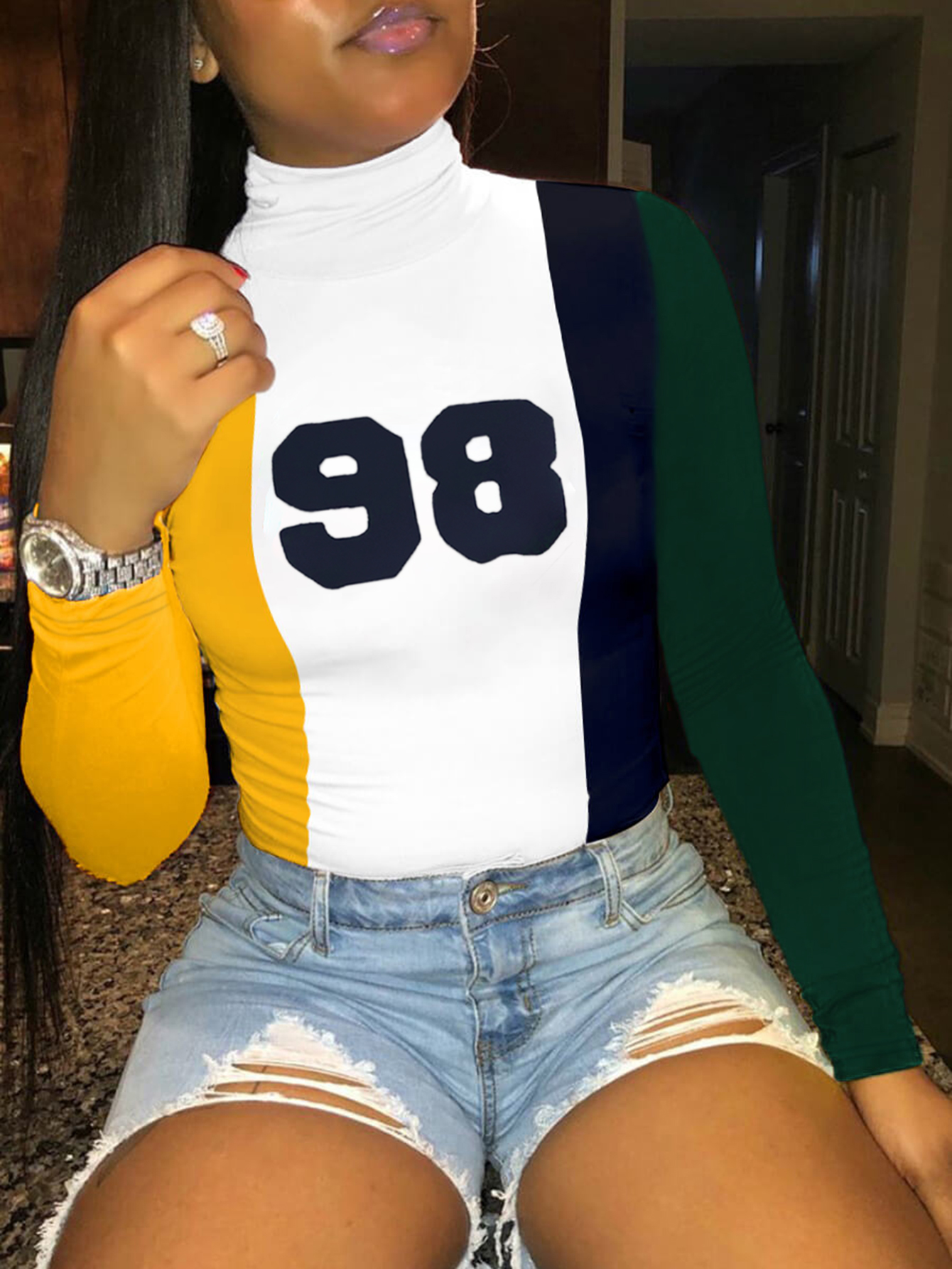 LW Turtleneck Letter Print Patchwork T-shirt