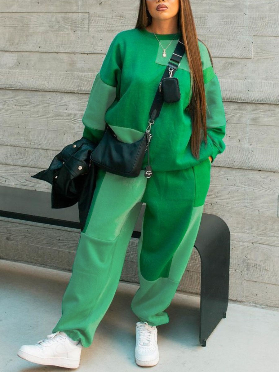 LovelyWholesale Dropped Shoulder Patchwork Loose Pants Set Fall Long Sleeve Casual Round Neck Spring Summer 2024