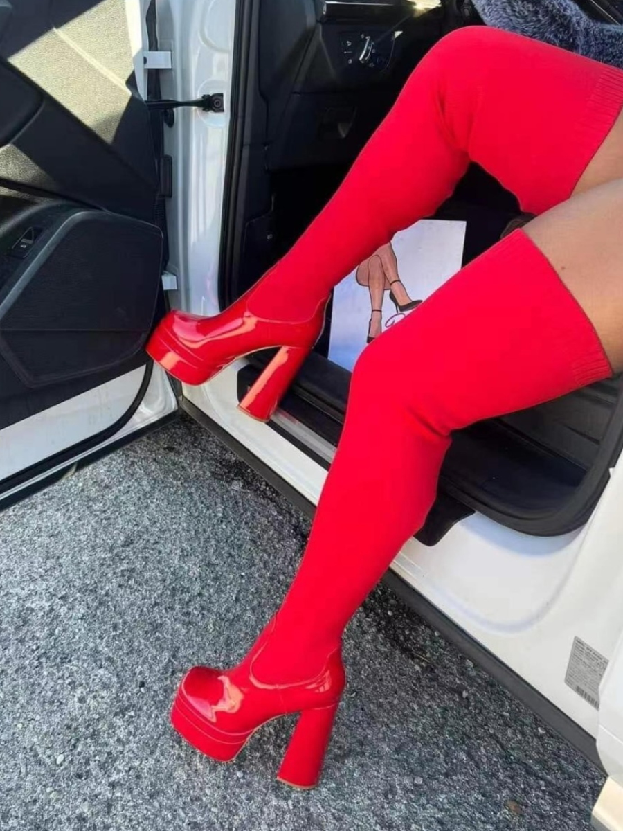 LovelyWholesale Round Neck Thigh High Boots Winter Nine Points Sleeve Casual Solid Color Spring Summer 2024