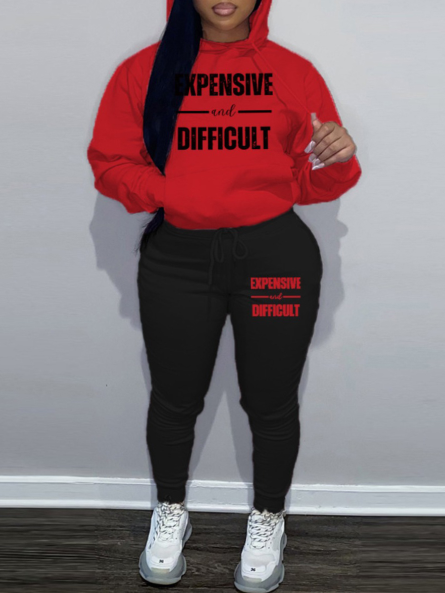 LW Plus Size Letter Print Kangaroo Pocket Tracksuit Set