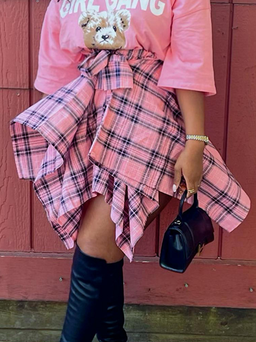 LovelyWholesale Plus Size Plaid Print Asymmetrical Skirt Summer Nine Points Sleeve Casual Asymmetrical  4X Spring Summer 2024