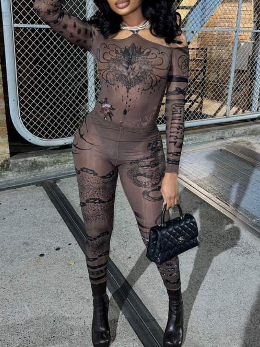 LovelyWholesale SXY Off The Shoulder Dragon Print See Through Skinny Pants Set Fall Long Sleeve Sxy Bateau Neck Spring Summer 2024