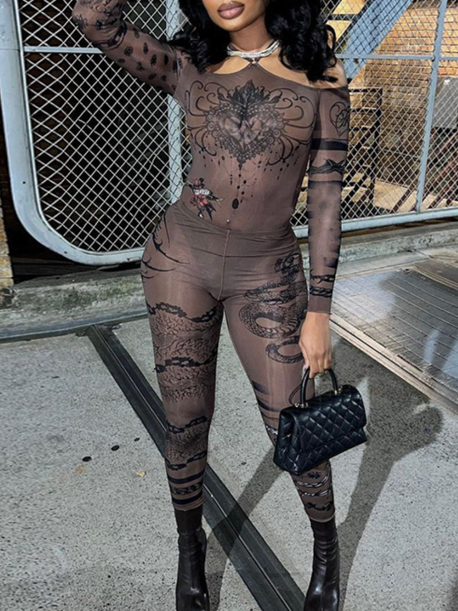 LW SXY Off The Shoulder Dragon Print See Through Pants Set