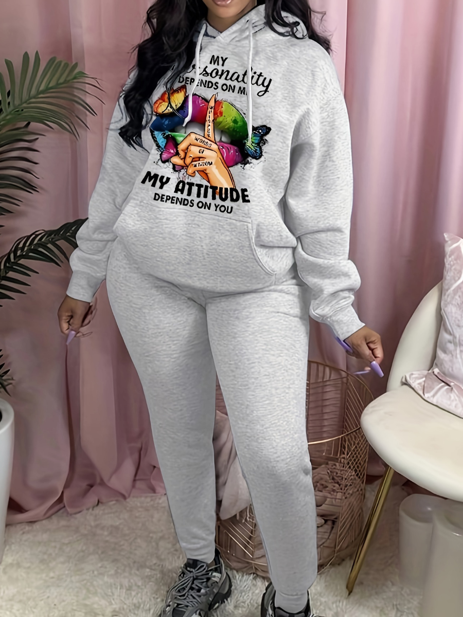 LW Plus Size Buttefly Lip Letter Print Tracksuit Set
