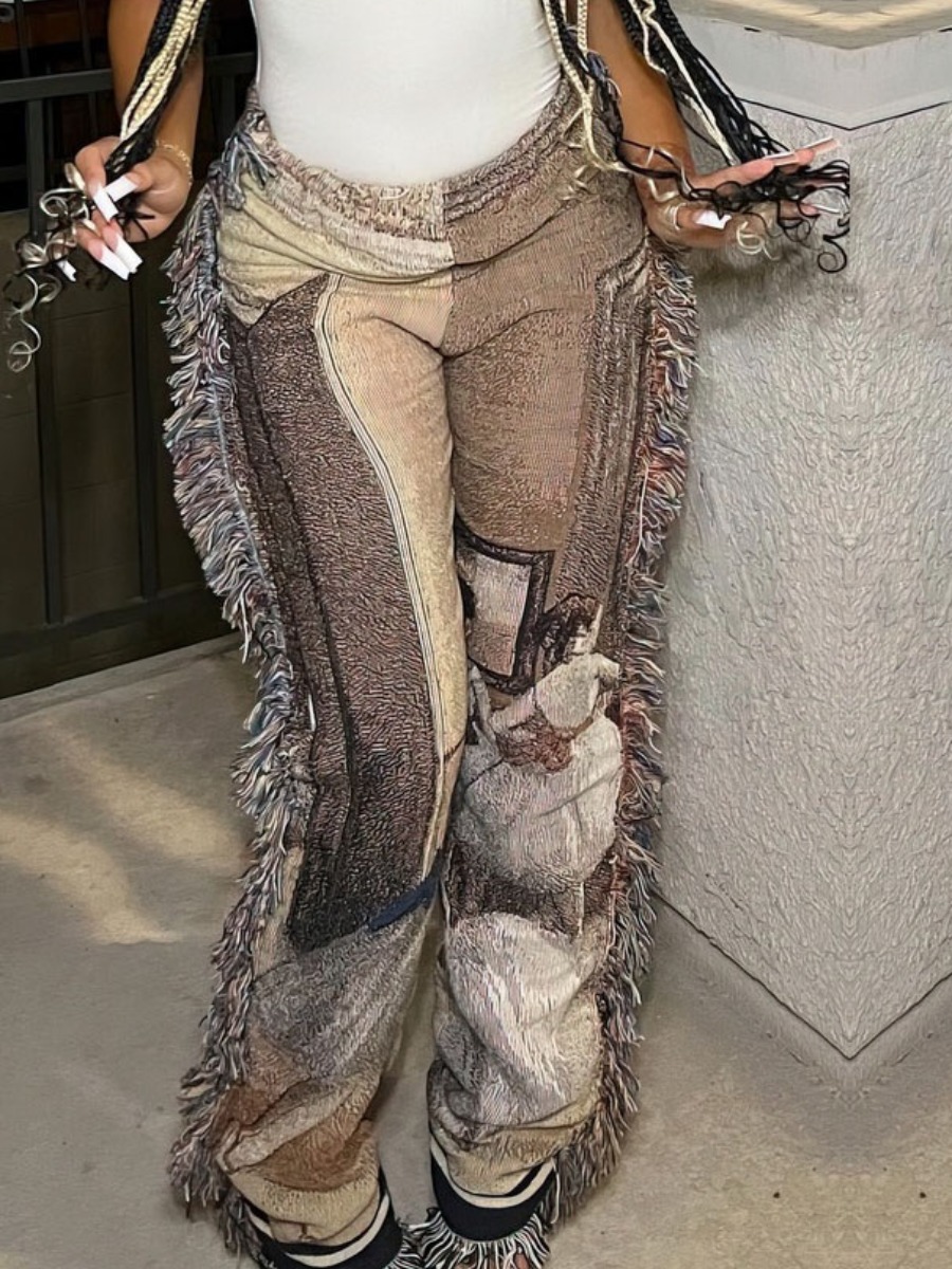 LovelyWholesale Tassel Design Figure Print Pants Spring|Fall Street Tassel Design Spring Summer 2024