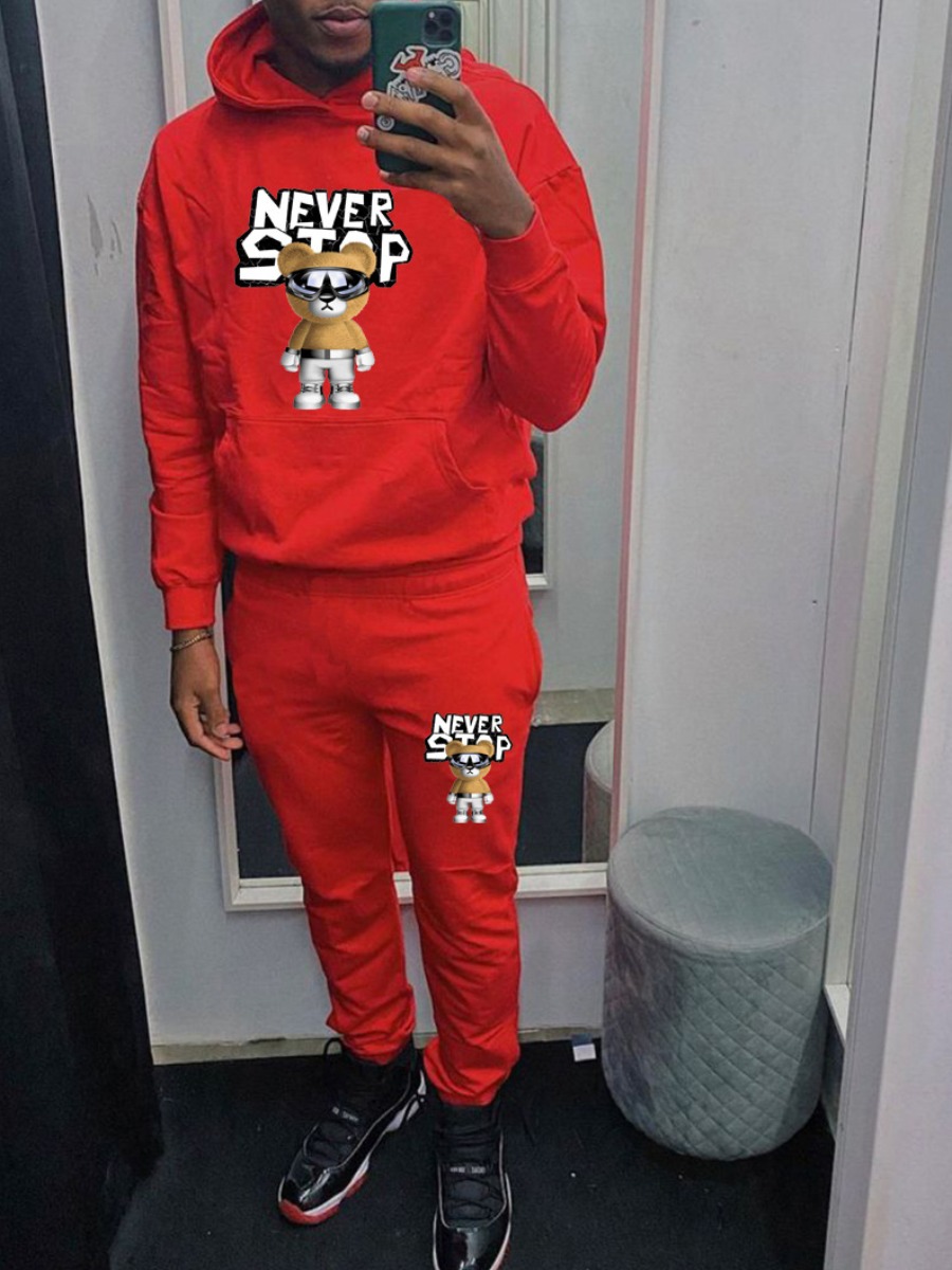 LW MenCartoon Letter Print Kangaroo Pocket Tracksuit Set