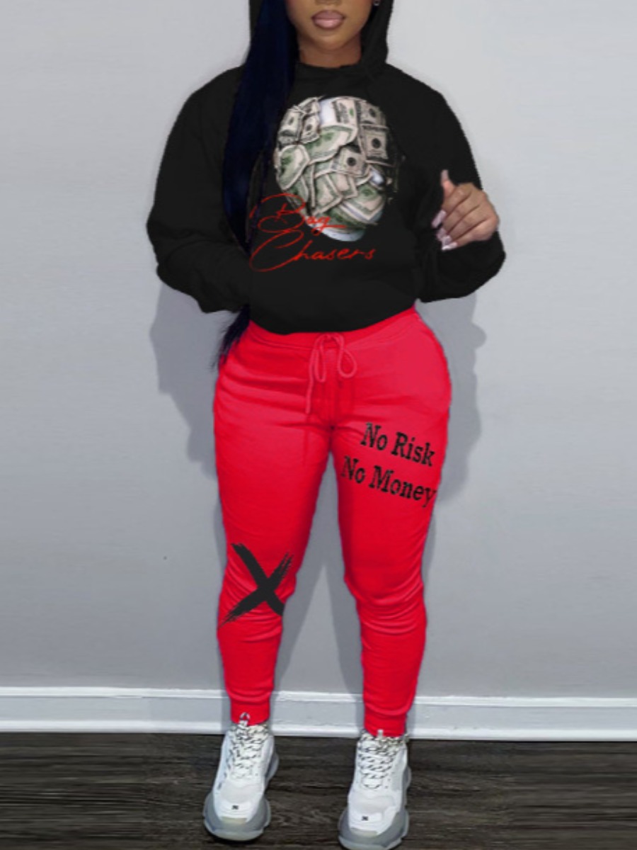 LW Money Letter Print Kangaroo Pocket Tracksuit Set