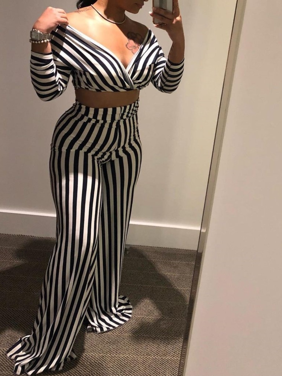 LW Crop Top Striped Wide Leg Pants Set