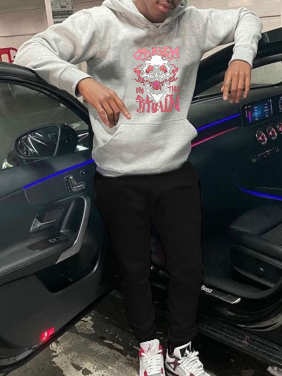 LW Men Letter Print Kangaroo Pocket Tracksuit Set