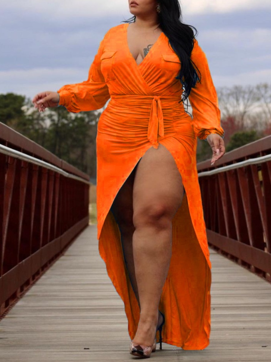 LW SXY Plus Size Bandage Design Ruched Thigh Slit Dress
