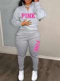 LW Mandarin Collar Pink Letter Print Pants Set