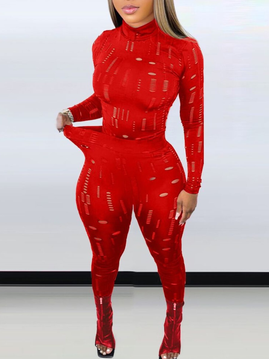 LW SXY Plus Size Turtleneck Pierced Skinny Pants Set