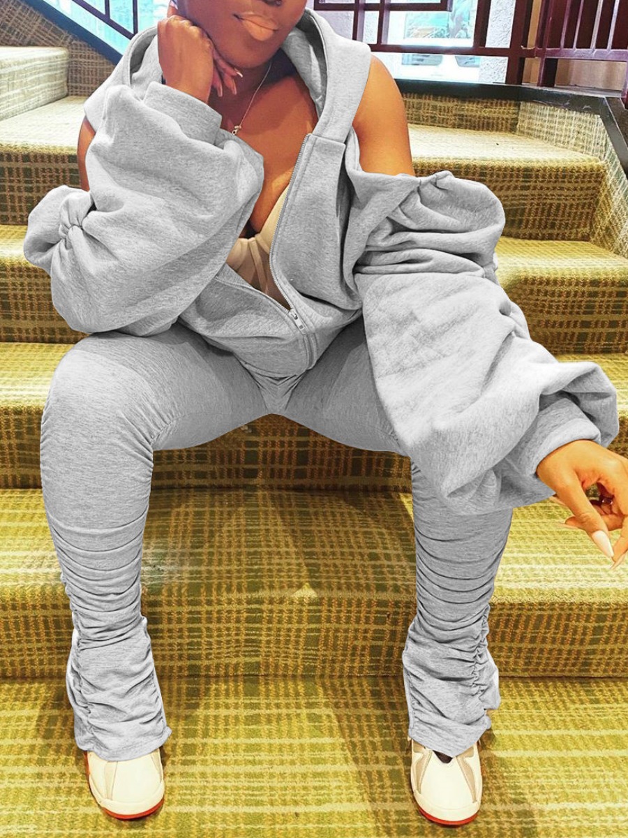 LovelyWholesale Hooded Collar Cut Out Ruched Loose Pants Set Fall Long Sleeve Casual Zipper Design Hooded Collar Spring Summer 2024