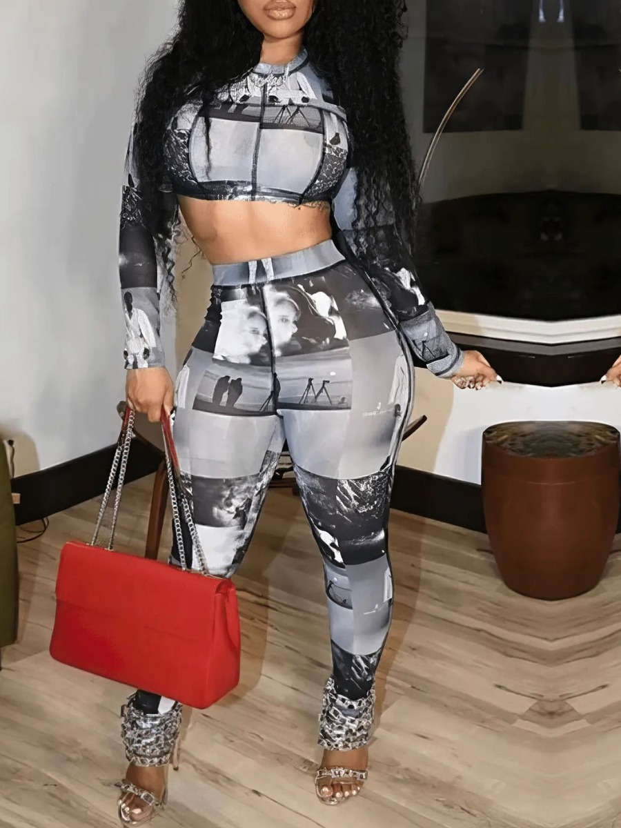 LW Crop Top Figure Print Skinny Pants Set
