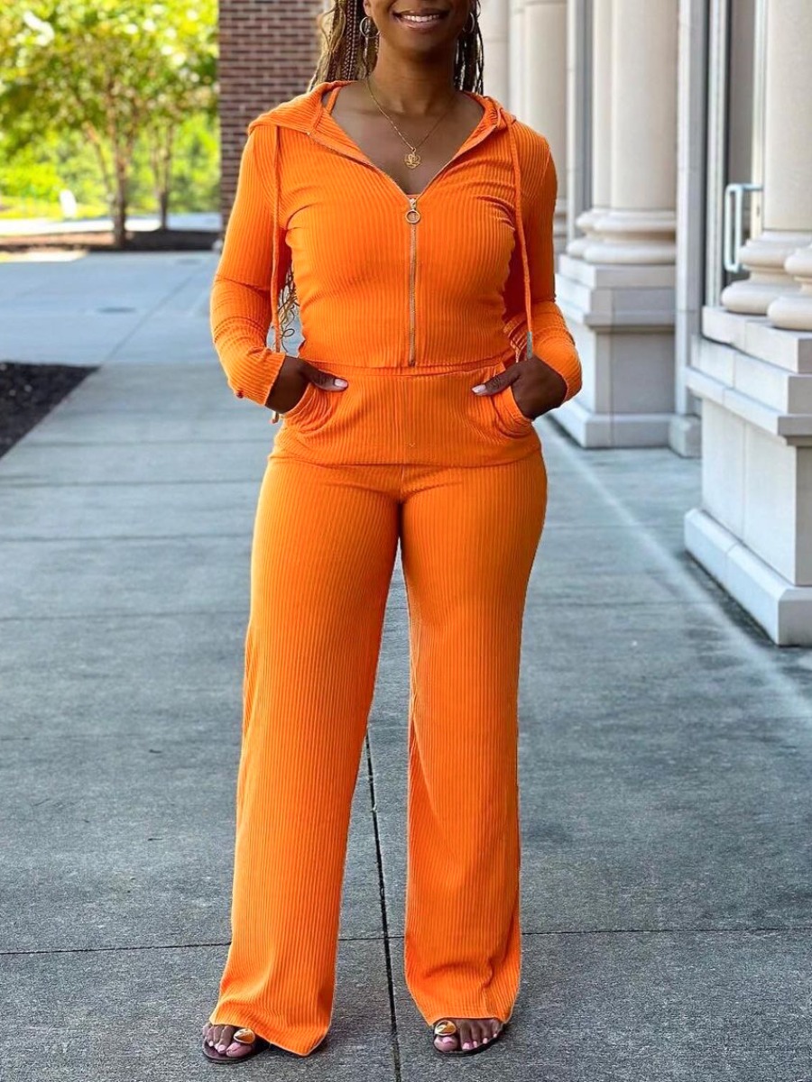 LW Hooded Collar Cami Rib Knit Three Piece Pants S
