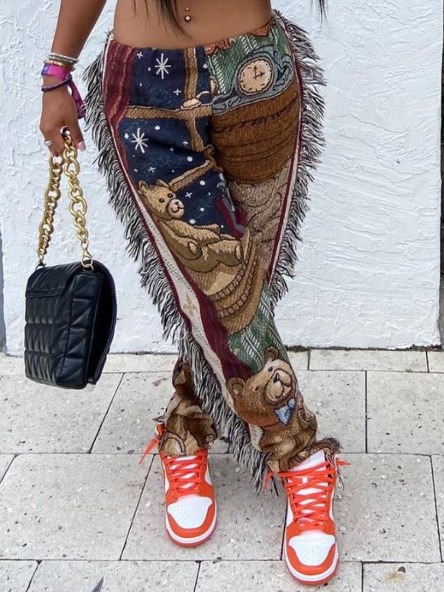 LovelyWholesale Figure Print Tassel Design Pants Spring|Fall Nine Points Sleeve Street Tassel Design Spring Summer 2024