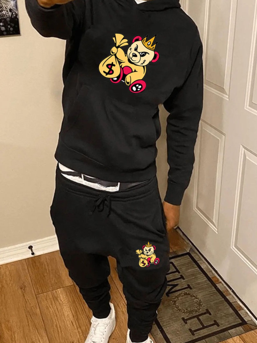 LW Men Cartoon Print Kangaroo Pocket Tracksuit Set