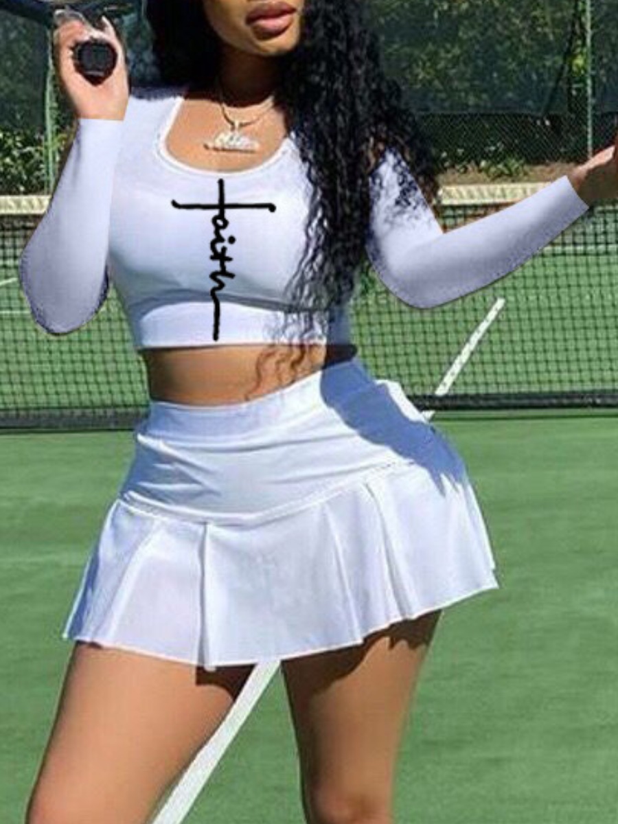 LovelyWholesale Crop Top Faith Letter Print Pleated Skirt Set Spring Long Sleeve Casual Pattern U Neck Spring Summer 2024