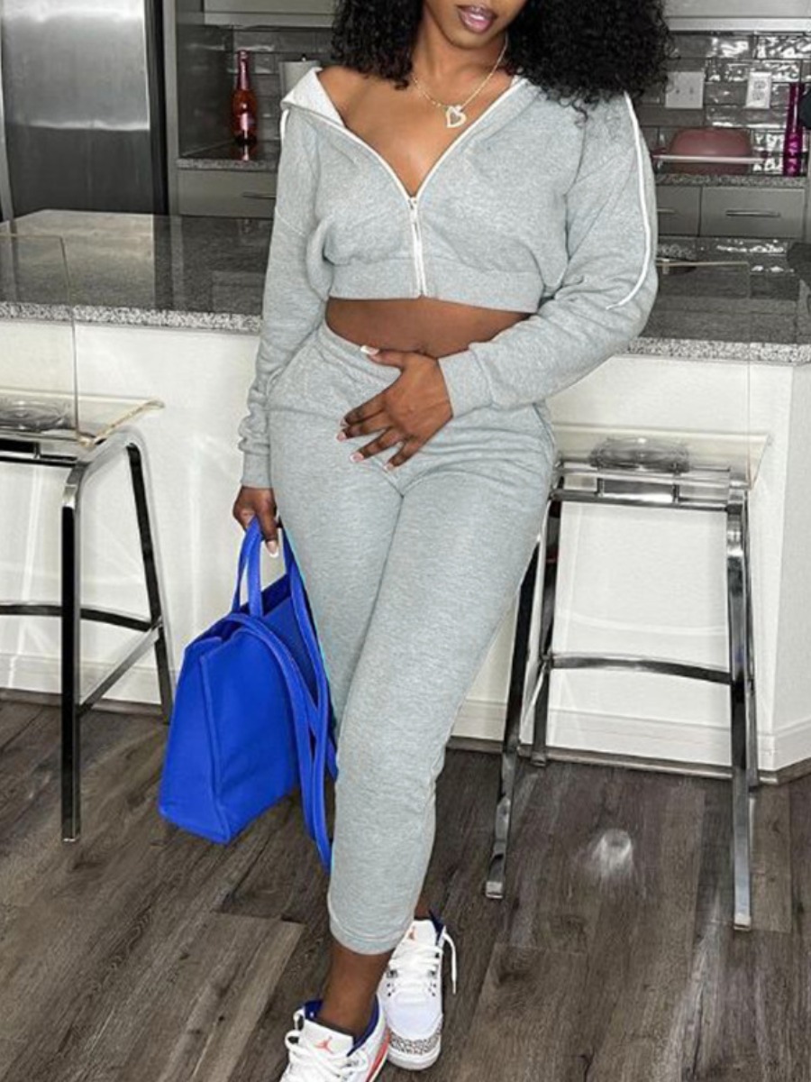 LW BASICS Hooded Collar Crop Top Pocket Design Pants Set